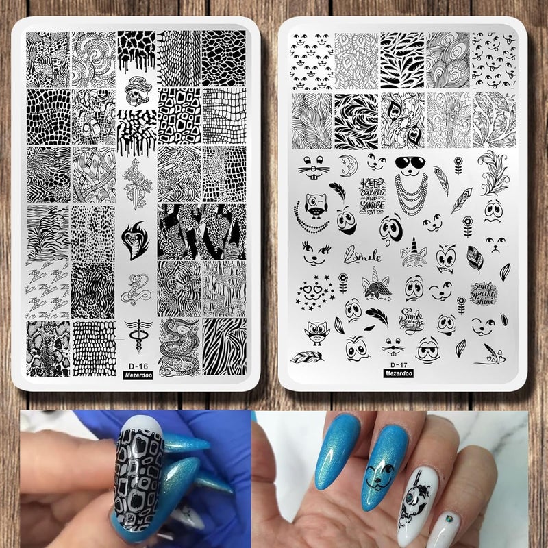 Mezerdoo 2Pcs Snakeskin Pattern Nail Stamping Template Cute Facial Expression Feather Nail Design Stamping Plate Skull Leopard Nail Art Image Plate 14.5×9.5cm Stainless Steel Nail Stencil Tools - Image 1